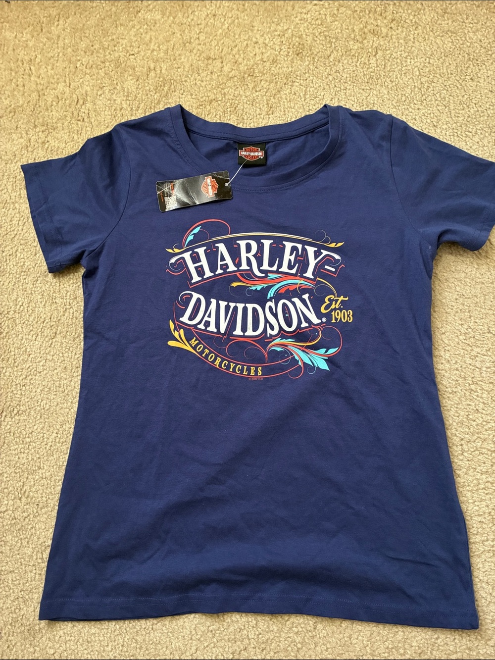 Women’s Harley-Davidson Navy Tee with Multicolor Script Logo